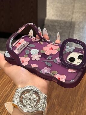iPhone 15 Purple Floral Case | Camera Ring | Flower Romantic | Cute Aesthetic